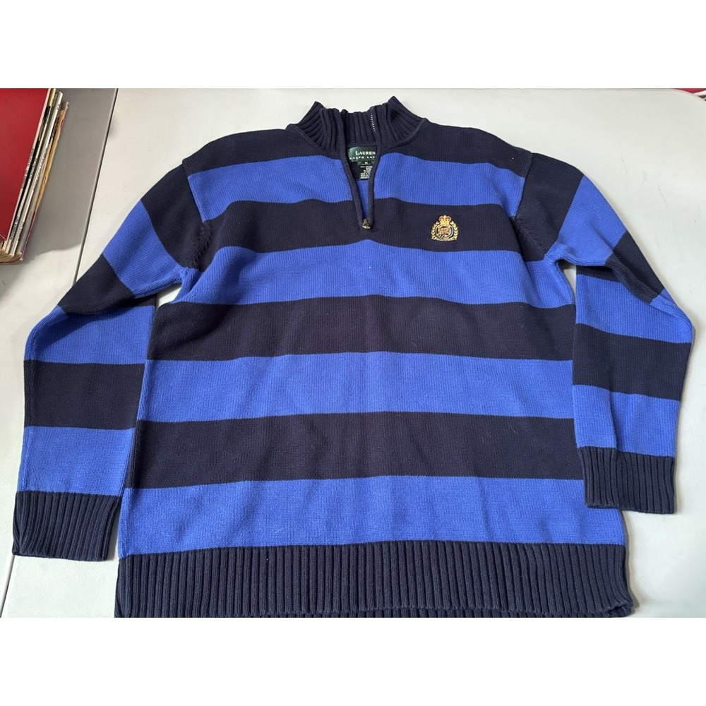 Vintage Ralph Lauren LRL Blue Navy Stripe Sweater Sz M Embroidered Crest